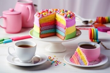 Delicious and beautiful cake with rainbow colors, served with tea or coffee. Generative AI