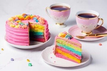 Obraz na płótnie Canvas Delicious and beautiful cake with rainbow colors, served with tea or coffee. Generative AI