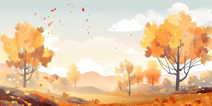 A park displays a stunning scene of autumn with multicolored leaves and falling foliage, Generative AI