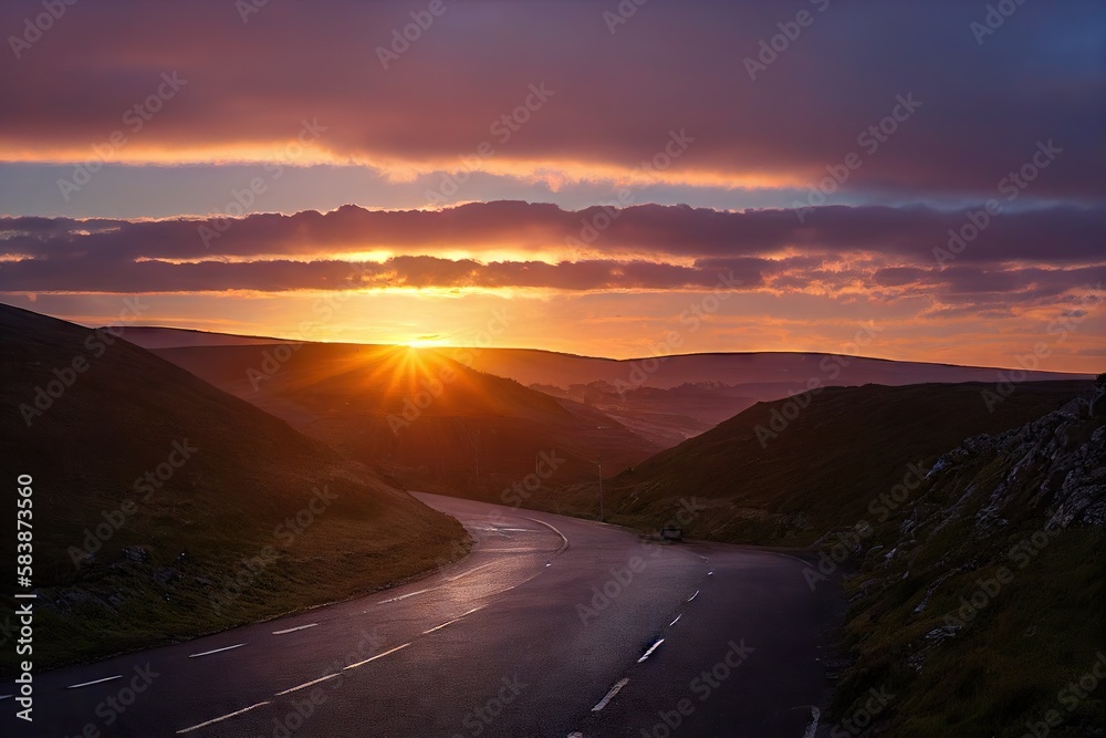 Poster Last sunset rays illuminating empty road beyond horizont, created with generative ai