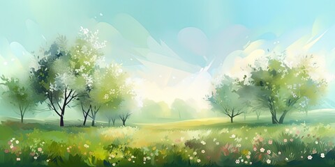 The blurred spring background showcases the beauty of nature with blooming glade, trees, and blue sky, Generative AI