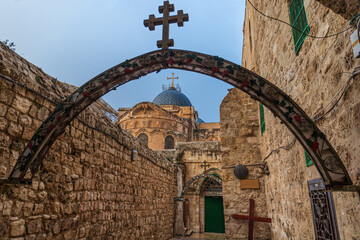 The 9th station of the cross in Via Dolorosa at the entree to the Coptic Orthodox Patriarchate