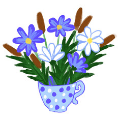 Hand drawn illustration of blue wild flowers in cup. Floral summer spring design for poster invitation, bloom blossom nature foliage leaves bouquet in cartoon doodle style, cafe decoration.