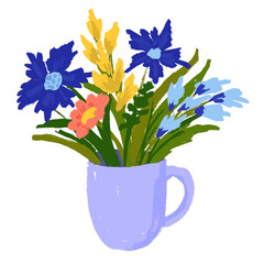 Hand drawn illustration of blue wild flowers in cup. Floral summer spring design for poster invitation, bloom blossom nature foliage leaves bouquet in cartoon doodle style, cafe decoration.