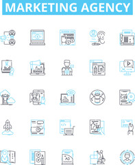 Fototapeta na wymiar Marketing agency vector line icons set. Agency, Marketing, Advertising, Digital, Social, Media, PR illustration outline concept symbols and signs