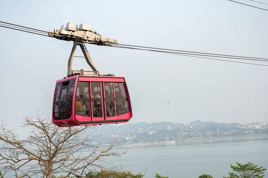 17th March, 2023, Guwahati, Assam, India: View of India's longest river ropeway connecting Guwahati city with North Guwahati over the River Brahmaputra.
