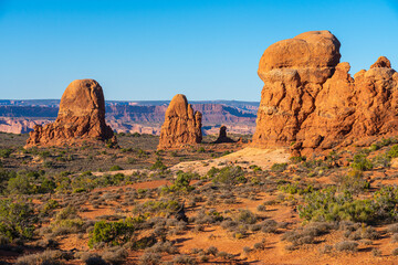 Rock formations near Turret Arch on sunny day, Arches National Park, Utah