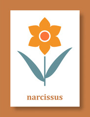 Abstract symbol of narcissus flower. Simple minimal style of narcissus petals and branch with leaves. Vector illustration.