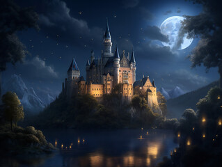 magical castle under starry night sky, fantasy landscape, stunning illustration, generative AI
 - obrazy, fototapety, plakaty
