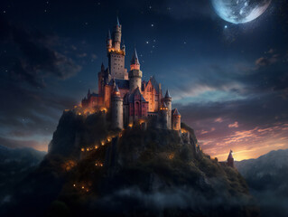 Fototapeta na wymiar enchanted castle night scene, fairy tale atmosphere, detailed medieval architecture, generative AI