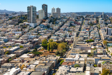 Elevated view of Russian Hill neighborhood and Washington Square seen from Coit Tower, San Francisco, California