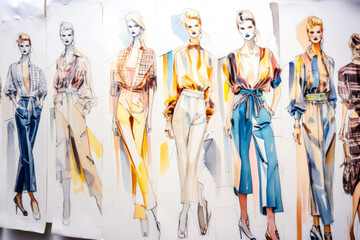 Fashion Book, blending ink pen sketches & watercolor, revealing dress design concepts. Dive into style, patterns, & haute couture with vivid illustrations & designer insights. Generative AI