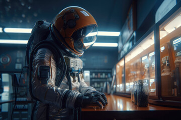 Obraz na płótnie Canvas astronaut purchasing items at a futuristic space shop, ai generative