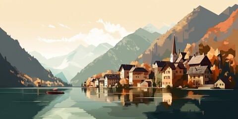 Naklejka premium Experience Hallstatt, Austria - a stunning village nestled in mountain valley by a lake, Generative AI