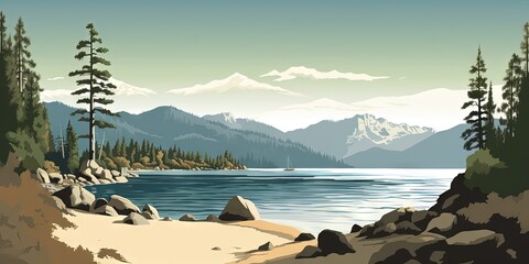 Panoramic view of Lake Tahoe highlights Sand Harbor State Parks beauty, Generative AI