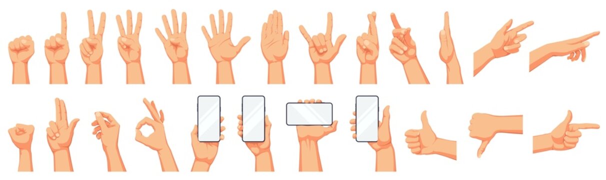 Set of realistic human hands, signs and gestures, figures and finger movements with the phone isolated PNG illustrations on a white background