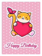 A cute cat holds a heart in its paws. Birthday card. Cartoon animal design. Vector illustration.