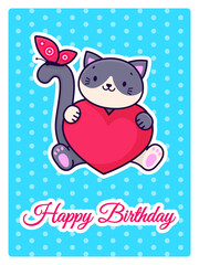 A cute cat holds a heart in its paws. Birthday card. Cartoon animal design. Vector illustration.