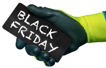 Hand with protective work glove holding a small blackboard with the text Black Friday written in chalk, isolated on transparent background. Photography, png.