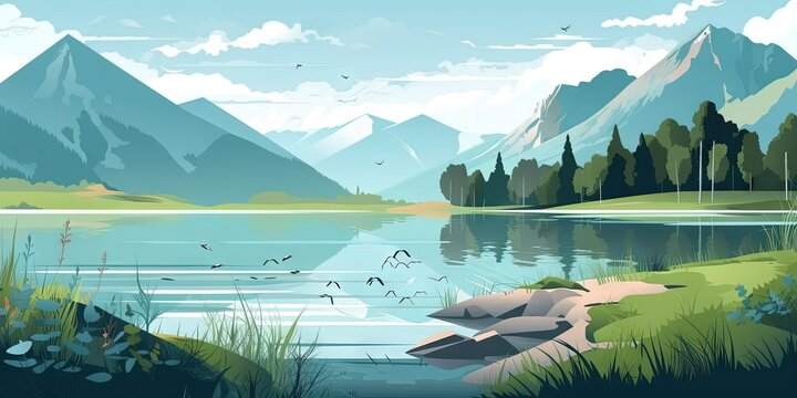 A beautiful scene of mountains, lake, and alps in a serene summer landscape, Generative AI © Oleksii