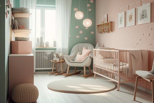 Children room scandinavian style 3D rendering. generative AI digital illustration.