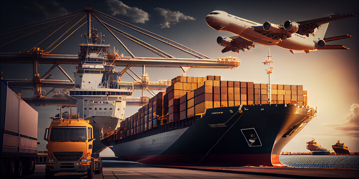 Global business logistics import export and container cargo freight ship, cargo plane. Background, transportation industry concept. Generative Ai.