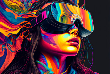 Naklejka premium Woman with VR headset exploring the metaverse with an explosion of colors coming out of the glasses. virtual reality. learning. Illustration. Generative AI