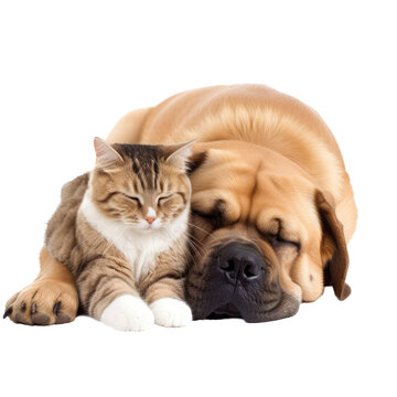 cat and dog sleep together isolate on background