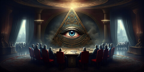 New world order secret society meeting created with Generative AI - obrazy, fototapety, plakaty