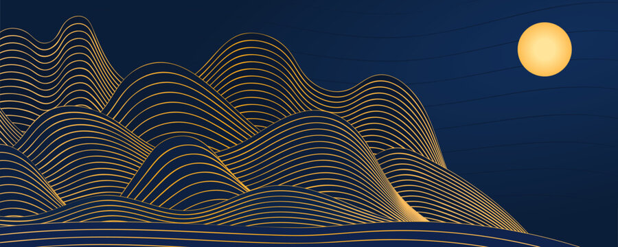 Mountains landscape, moon, waves abstract background. Asian style vector illustration. Hand drawn line art. Design concept Mid Autumn Festival, Chinese New Year backdrop, card, poster, banner