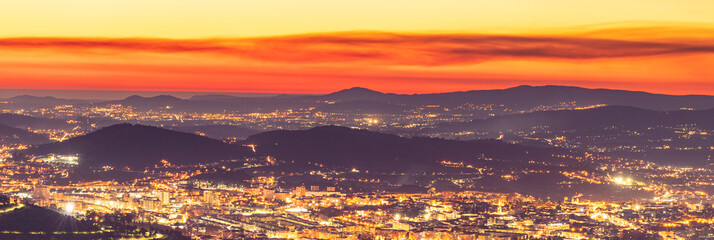 Overview of the city of Braga Portugal, during a beautiful Sunset.