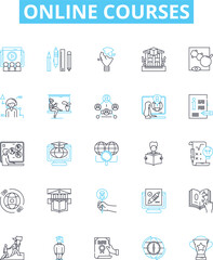 Online courses vector line icons set. E-learning, Training, Webinars, Tutorials, Distance Education, MOOCs, Lectures illustration outline concept symbols and signs