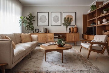 Fototapeta premium Interior design of modern scandinavian apartment, living room 3d rendering. generative AI digital illustration.