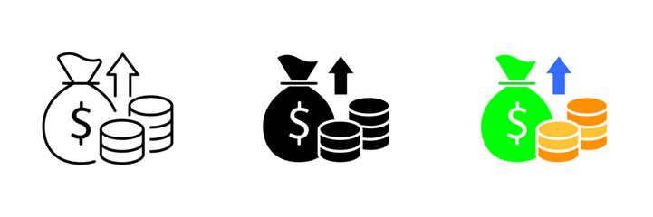 An illustration of a money bag with a dollar sign on it, representing wealth, finance, and money management. Vector set of icons in line, black and colorful styles isolated.