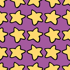 Seamless pattern with yellow stars on purple background. Vector image.