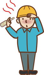 体温計を持つ、熱のあるヘルメットをかぶった作業員の男性。