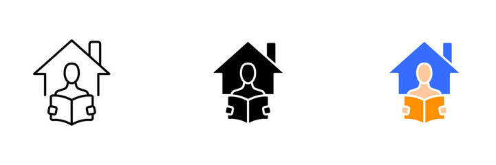 An illustration of a person reading a book, representing the concept of knowledge, education, and intellectual growth. Vector set of icons in line, black and colorful styles isolated.