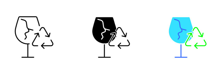 An illustration of a cracked glass with a recycling icon, representing the concept of sustainability. Vector set of icons in line, black and colorful styles isolated.