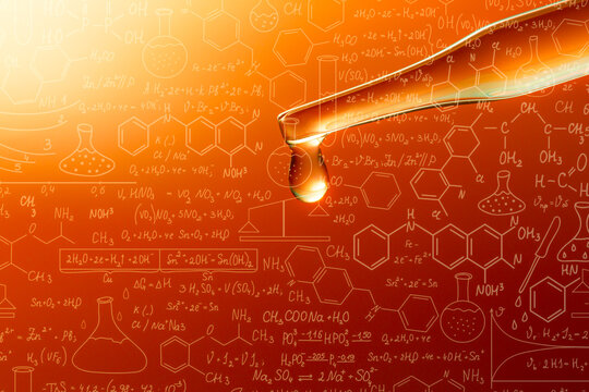 Macro science experiment pipette surface,Top view macro shot of chemical dropper injects oil into clear fluid in one of three petri dishes on yellow background , Abstract skin care cosmetics formulati