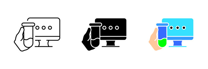 An illustration of a flask or beaker with liquid on a background of a computer monitor. Vector set of icons in line, black and colorful styles isolated.