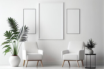 Three frame blank mock up in modern living room interior, white colors and minimalist style. Illustration. Generative AI