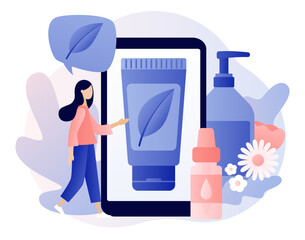 Organic cosmetics concept. Natural organic cosmetic products in bottles, jars, tubes for skincare and hair care on smartphone screen. Modern flat cartoon style. Vector illustration on white background