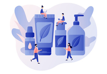 Organic cosmetics concept. Natural organic cosmetic products in bottles, jars, tubes for skincare and hair care. Modern flat cartoon style. Vector illustration on white background