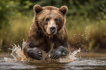 Plakat Brown bear running through shallow water