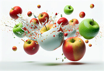 3d illustration of many apples falling on white background. Generative ai
