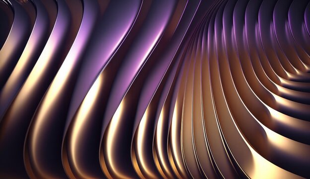 Gold and purple metallic 3D background with waves. Generative Ai.