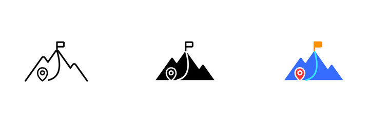 Fototapeta premium A vector illustration of a mountain with a flag on the peak, symbolizing achievement, success, and overcoming challenges. Vector set of icons in line, black and colorful styles isolated.