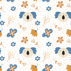 Seamless childish pattern with cute koala baby face and floral elements. Creative scandinavian kids texture for fabric, wrapping, textile, wallpaper, apparel. Vector illustration