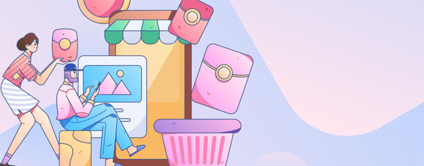 Holiday Shopping E-Commerce Online Shopping People Flat Vector Concept Operation Hand Drawn Illustration
