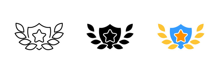 A shield with two wreaths Vector set of icons in line, black and colorful styles isolated.